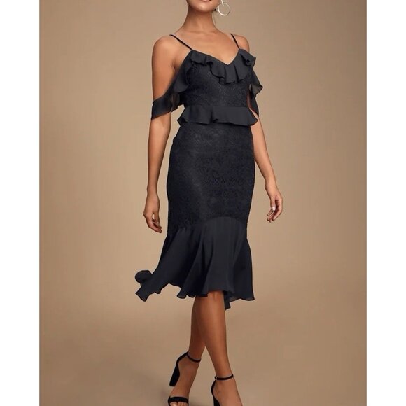 Lulus Dresses & Skirts - Lulu’s Women’s Dress Black Floral Lace Off Shoulder Ruffle Medium Size Zipper